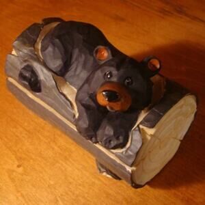 Black Bear Trinket Jewelry Box Rustic Faux Wood Carved Log Cabin Decor Gift
